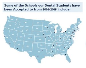 A map noting locations of schools where some Ole Miss dental students were accepted between 2014-2019.