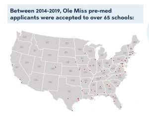 A map noting locations of medical schools where some Ole Miss pre-med applicants were accepted between 2014-2019.