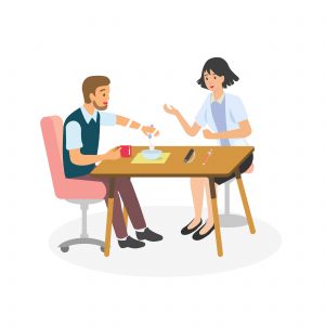 animation of an occupational therapist helping a man sitting at a table learning to regain movement in his arm