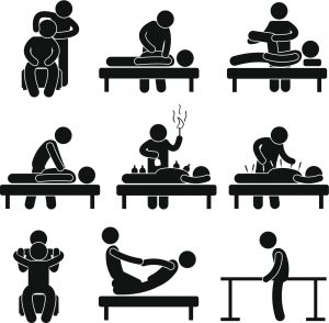 drawings of different physical therapy actions with a patient